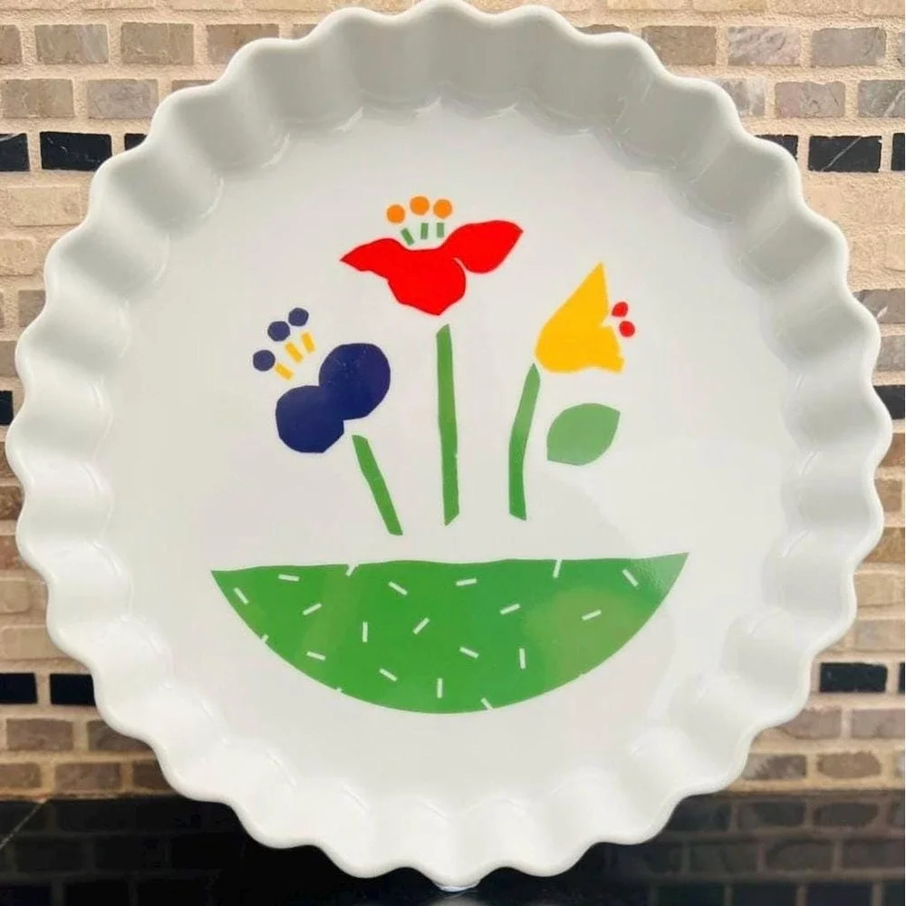 Vintage Quiche dish pie plate tart pan retro mod flower pattern ceramic bakeware